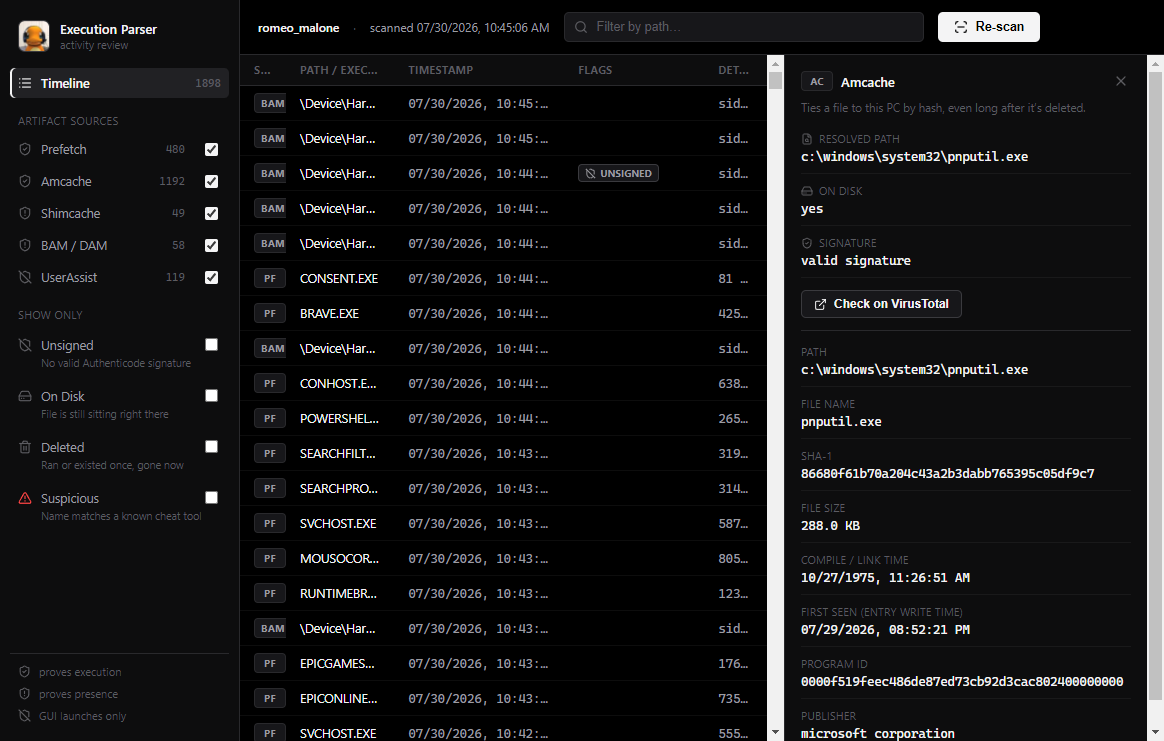 Execution Parser timeline view with the detail panel open, showing Amcache evidence — resolved path, on-disk status, signature, SHA-1, and a Check on VirusTotal button.