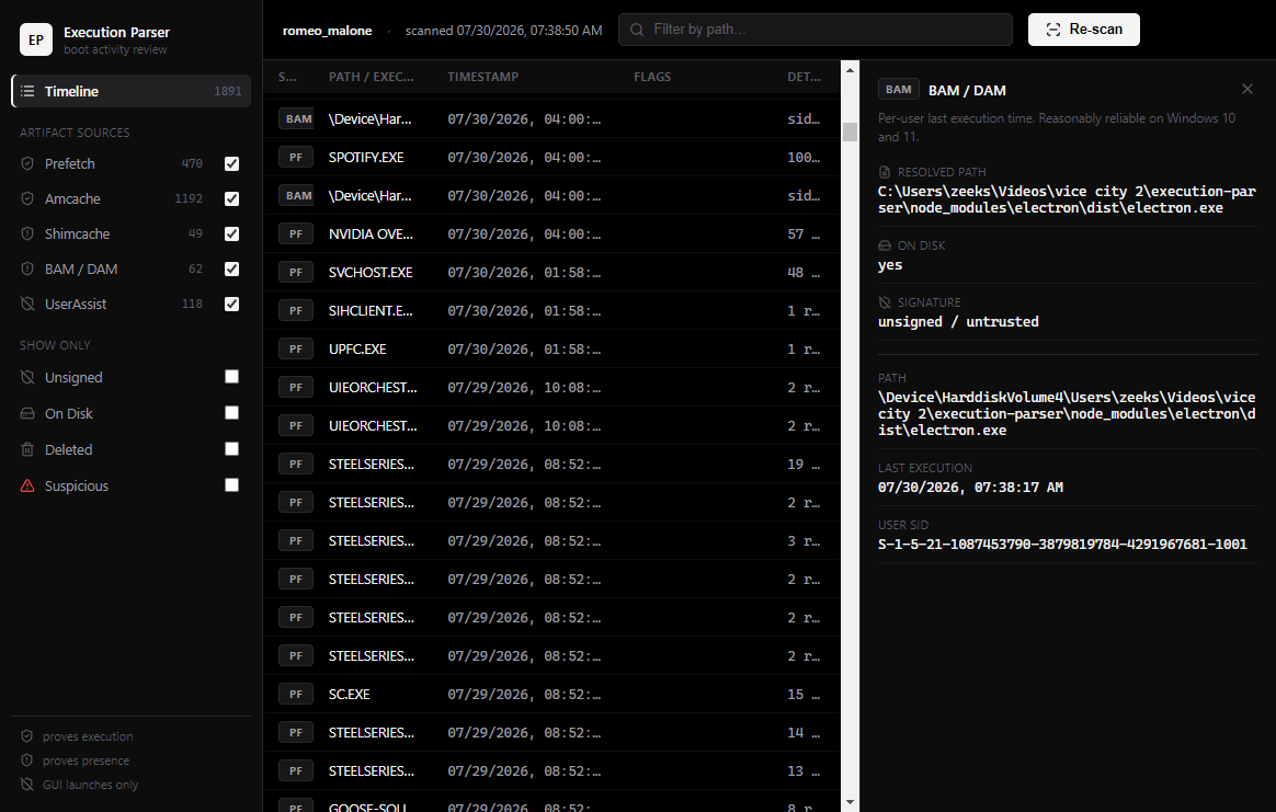 Execution Parser timeline view with the detail panel open, showing Prefetch evidence: resolved path, on-disk status, and signature.